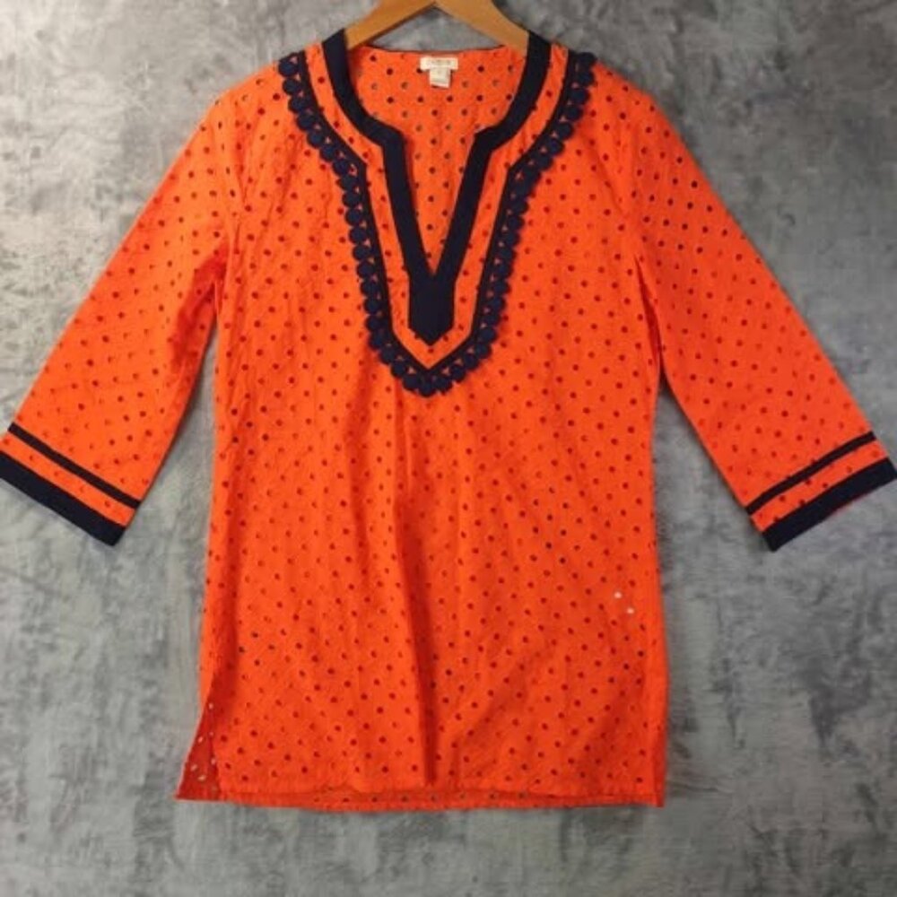 J.Crew Women's XS Eyelet Tunic‎ Top Bright Orange Navy Trim sunny season staple